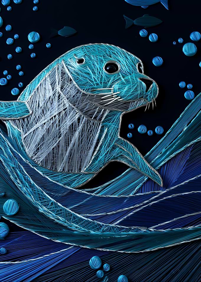 Quilled Seal Swimming in Blue Waves