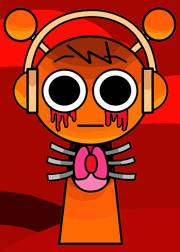 Creepy Orange Character with Headphones