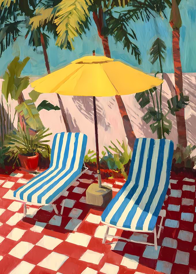 Tropical Patio with Lounge Chairs and Umbrella