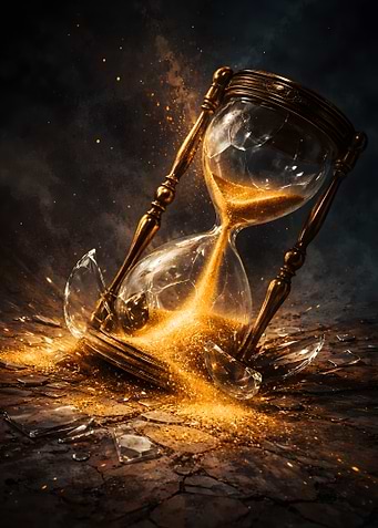 Broken Shattered Hourglass with Flowing Gold Sand