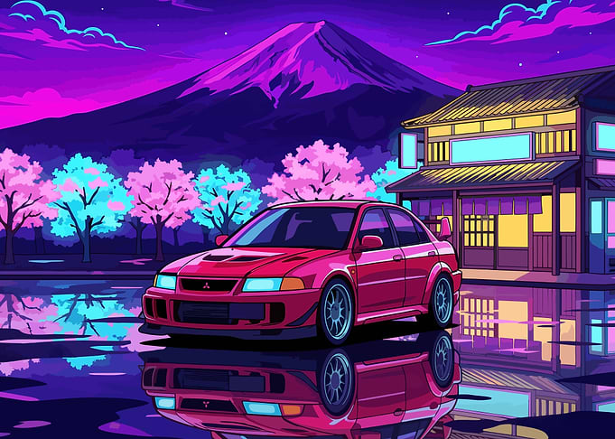 Red 90s JDM Tuner Sedan Neon Sakura Night Mount Fuji