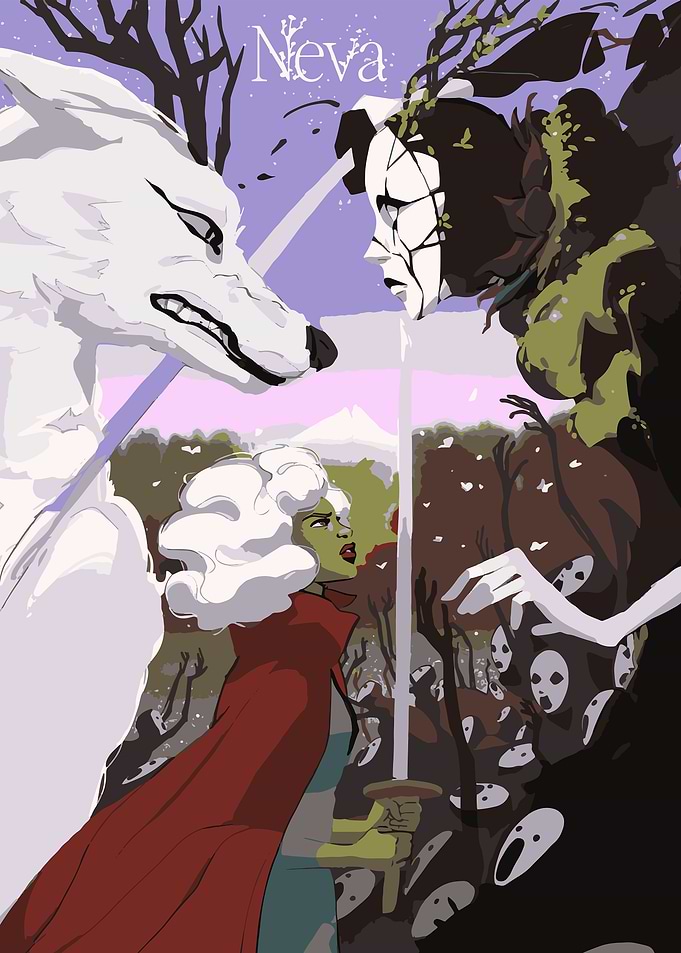 Fantasy Confrontation with Wolf and Forest Spirit