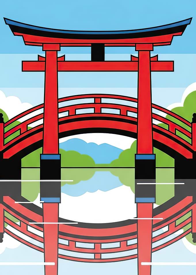 Japanese Torii Gate and Bridge Reflection
