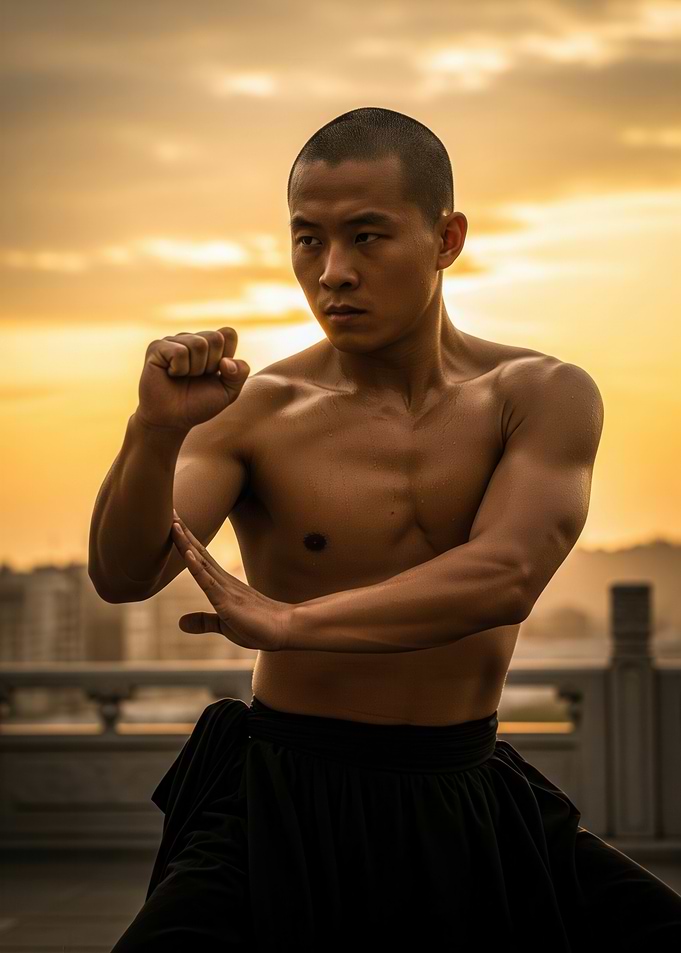 Martial Artist Poses at Sunset