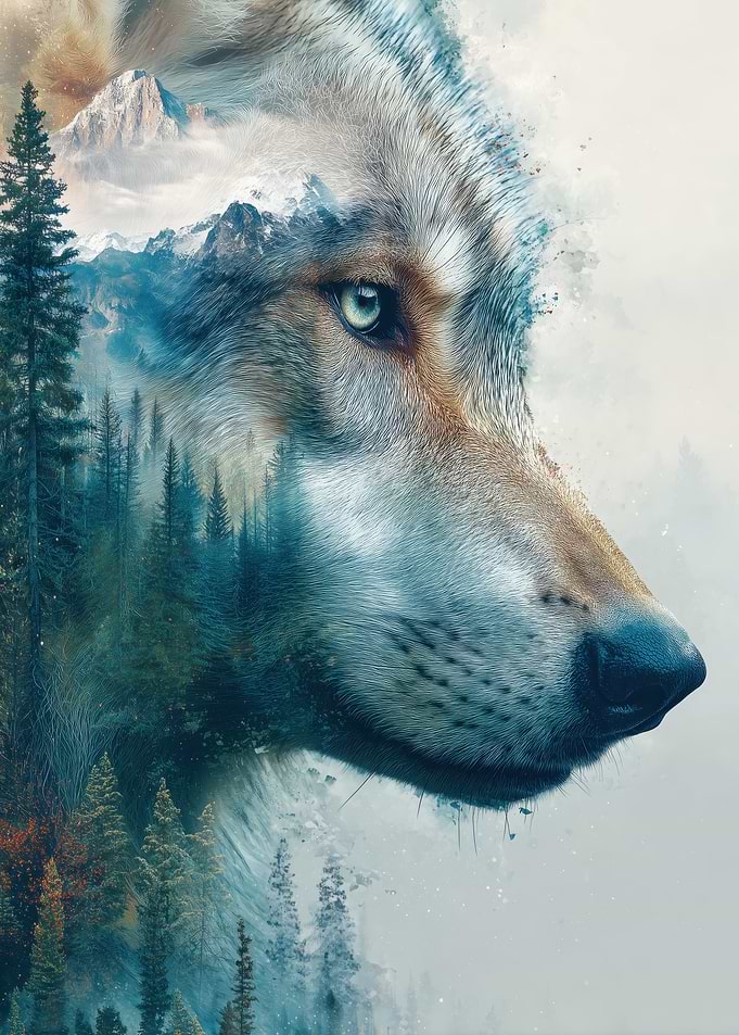 Wolf with Forest and Mountains Overlay