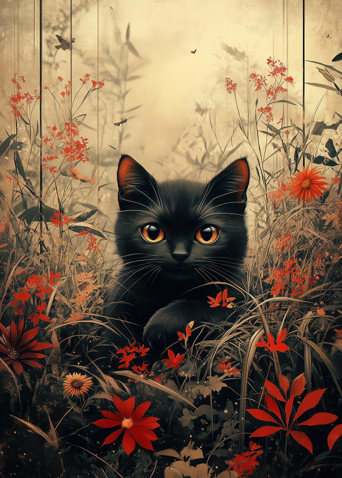 Black Cat in a Field of Flowers