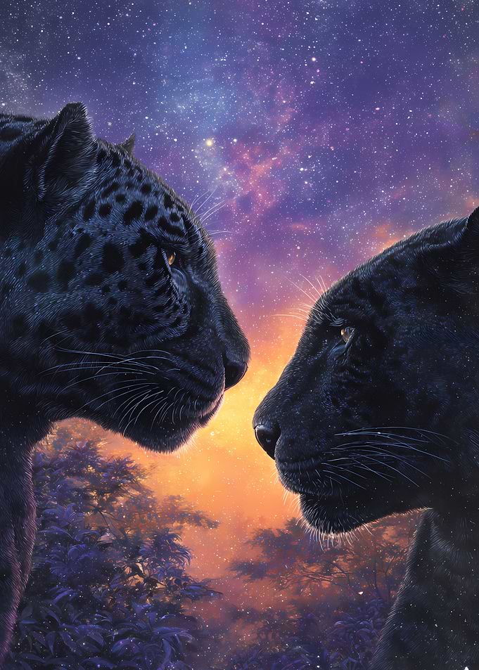 Two Black Panthers Under a Starry Sky