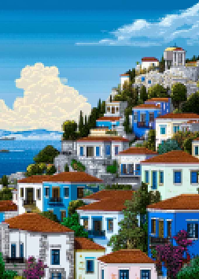 Pixel Art Greek Village by the Sea