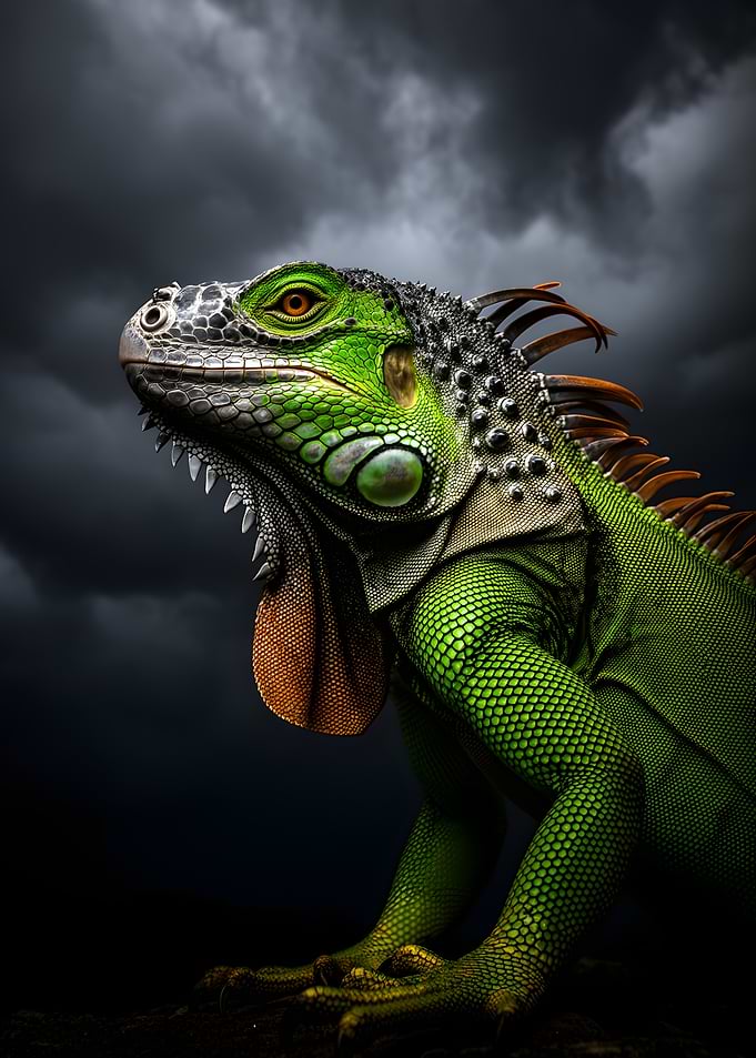 Green Iguana Against Dark Sky