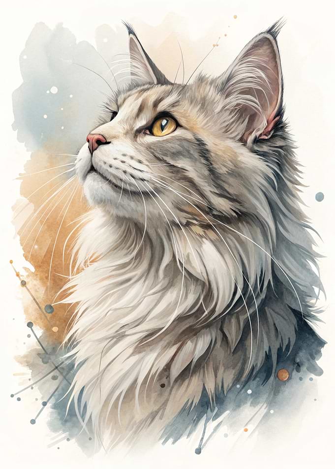 Watercolor Maine Coon Cat Portrait