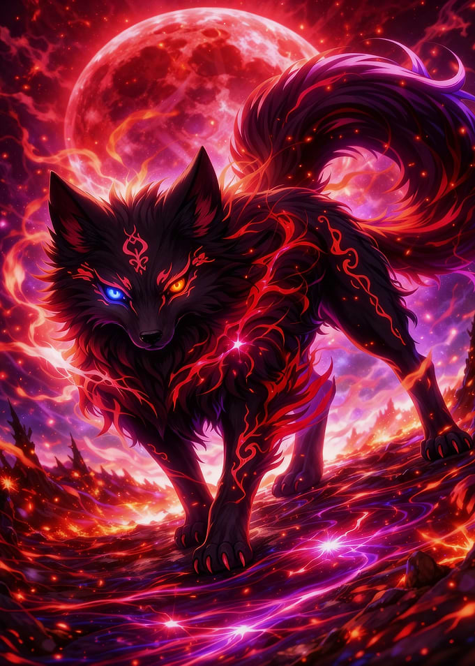Fiery Wolf Under a Blood Moon