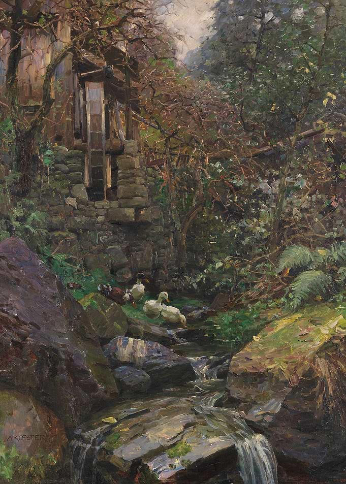 Watermill and Ducks by a Stream