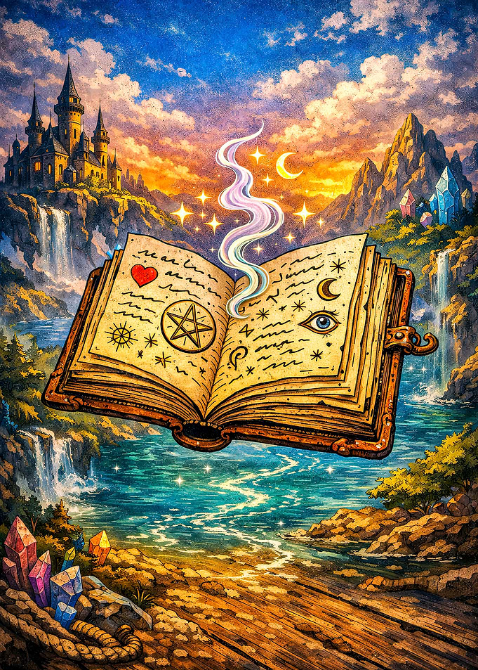 Magical Spellbook Over Enchanted Landscape