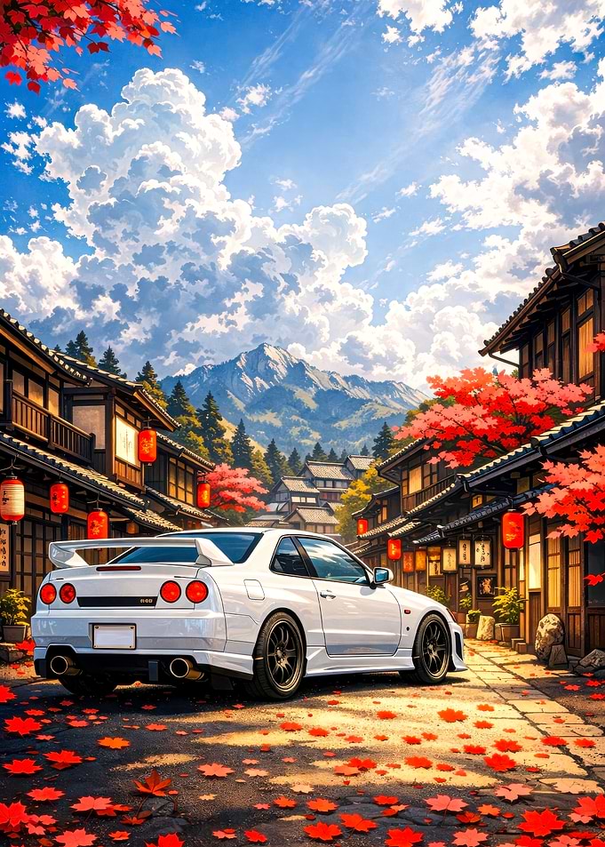 White Sports Car in Japanese Town