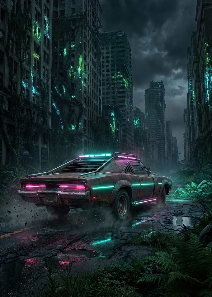Cyberpunk Car in Ruined City