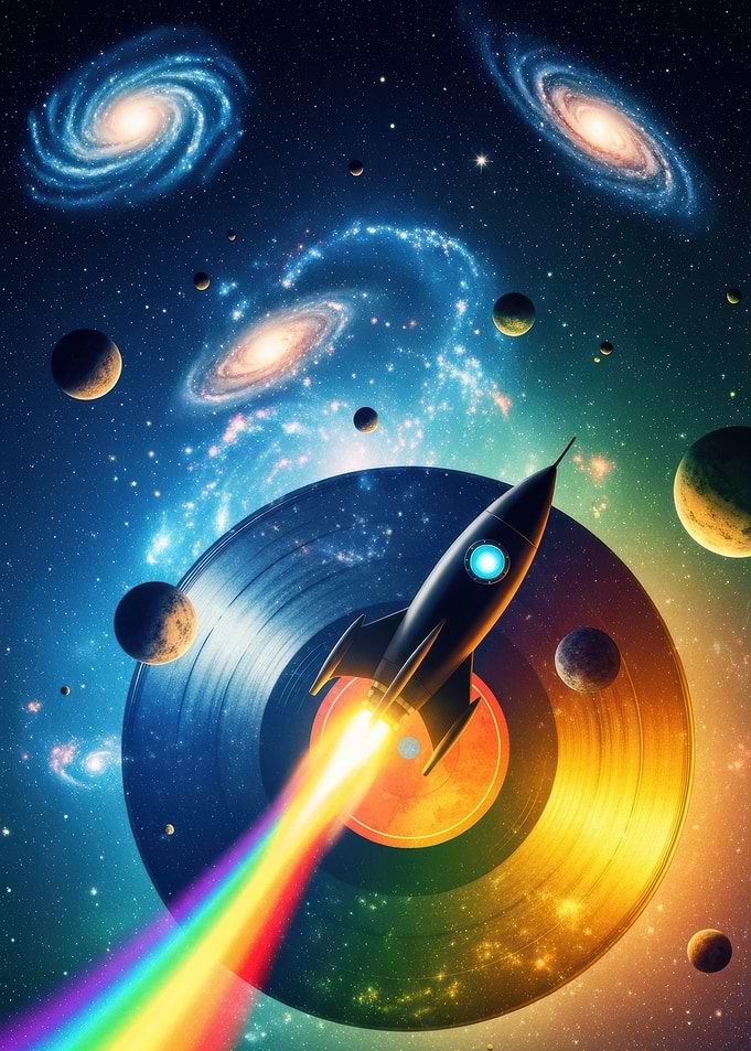 Rocket Launching from a Vinyl Record in Space