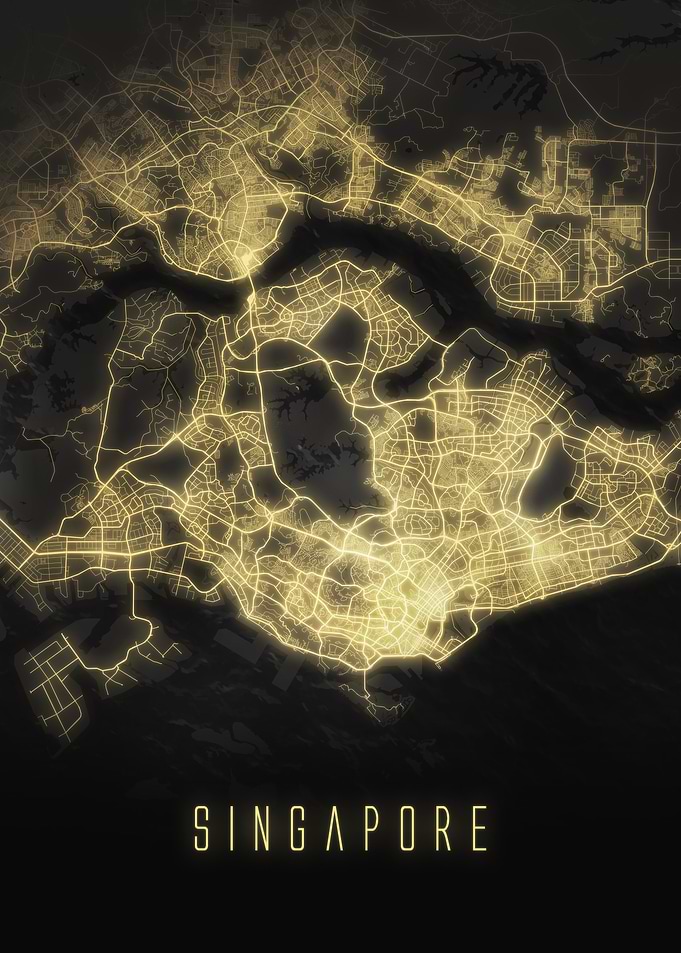 Singapore - Illuminated Night Island City Map, Metal Wall Art