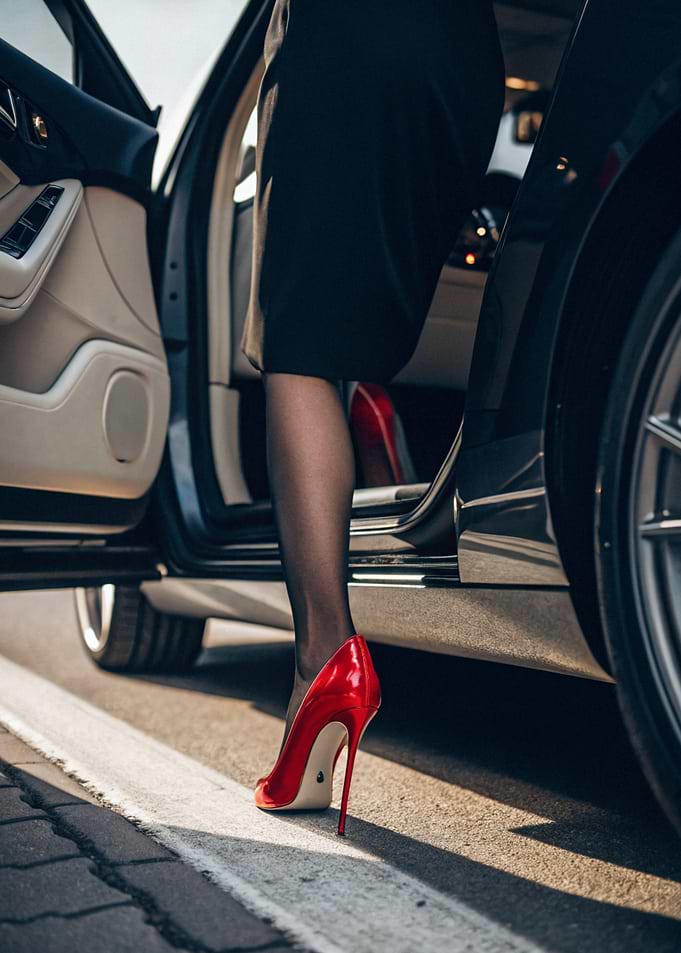 Woman in red heels exiting car