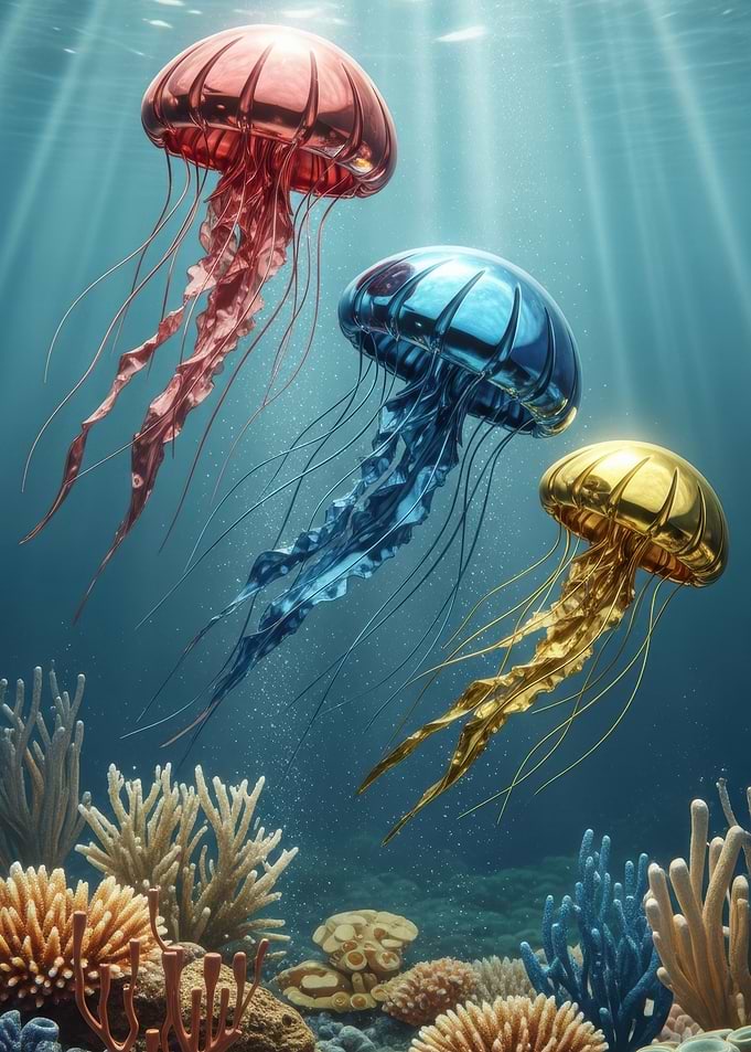 Metallic Jellyfish in Ocean Depths