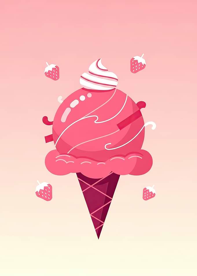 Strawberry Ice Cream Cone with Strawberries