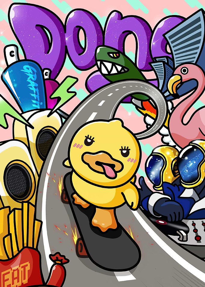 Cute Duck Skateboarder with Graffiti Art