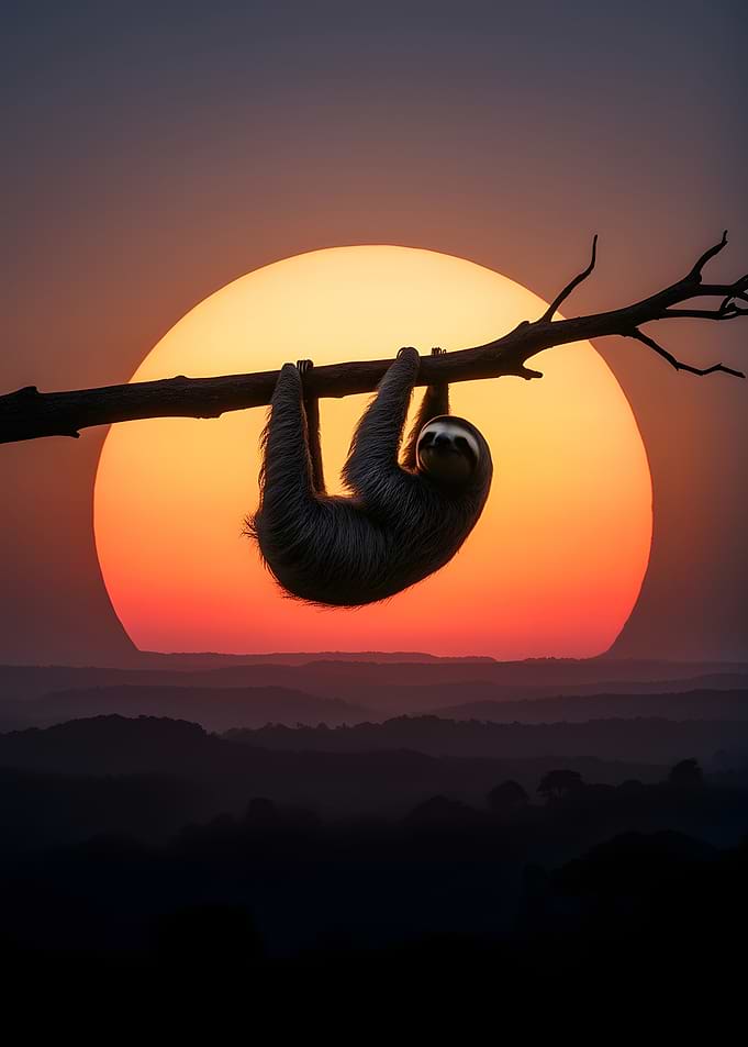 Sloth hanging at sunset