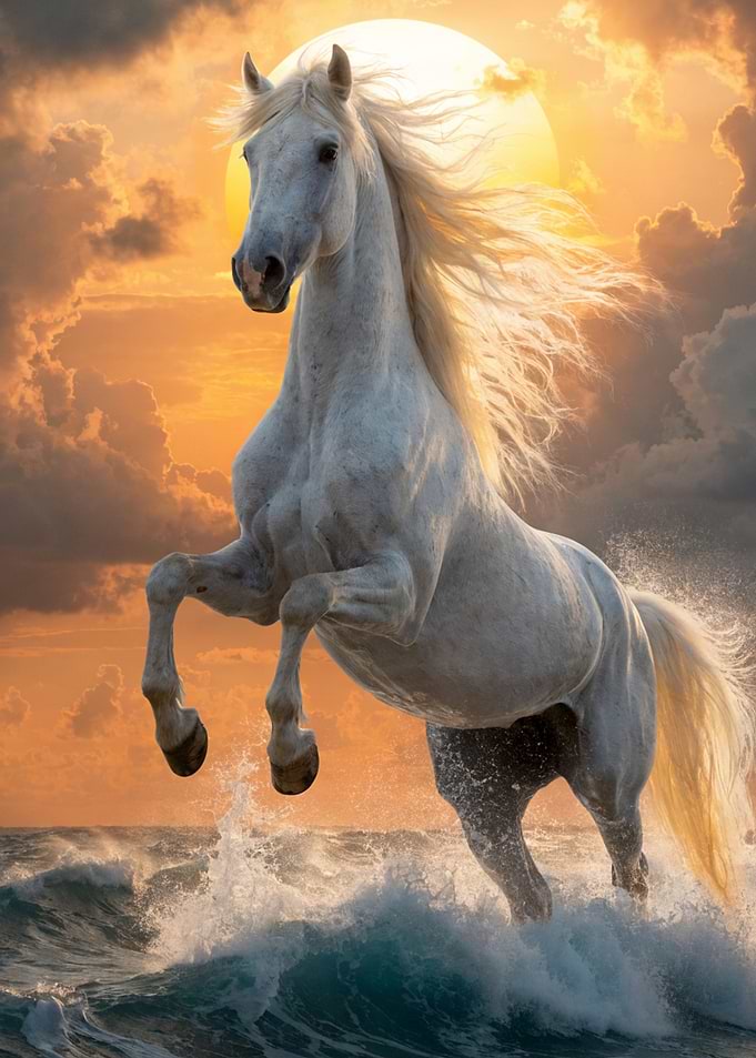 Majestic White Horse Rearing in Ocean Waves