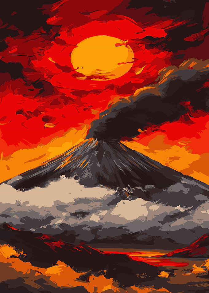Volcano Erupting Under a Fiery Sky