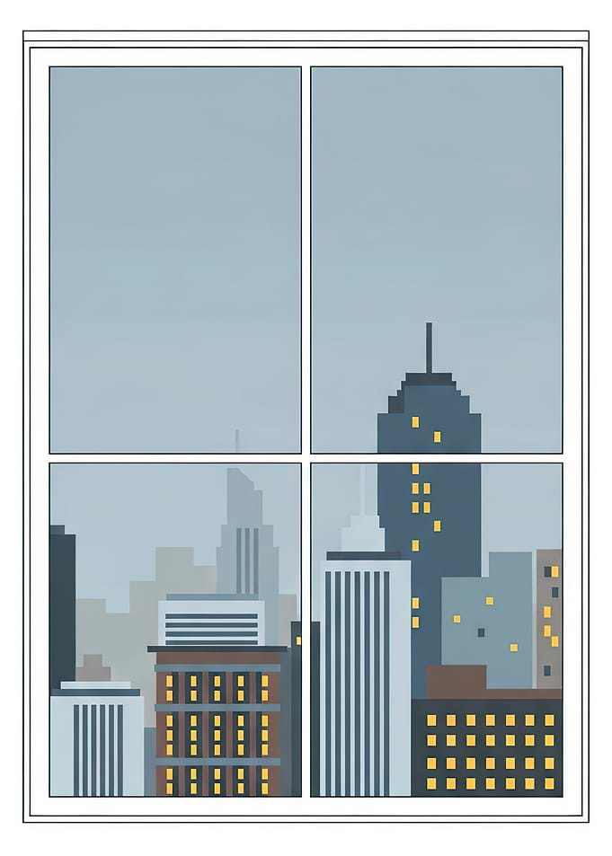 Pixelated Cityscape Through a Window