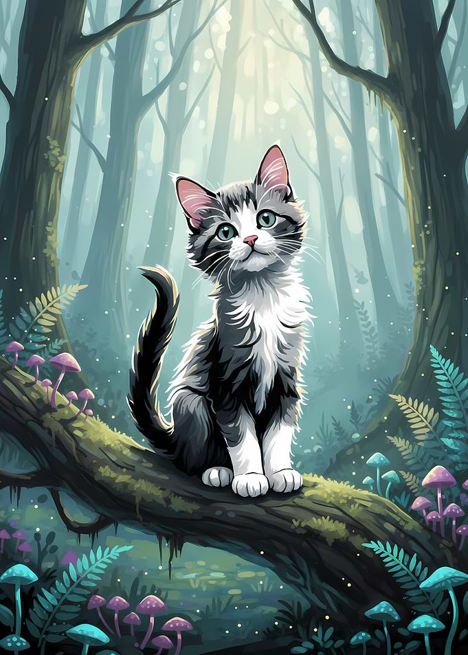 Cute Cat in a Magical Forest