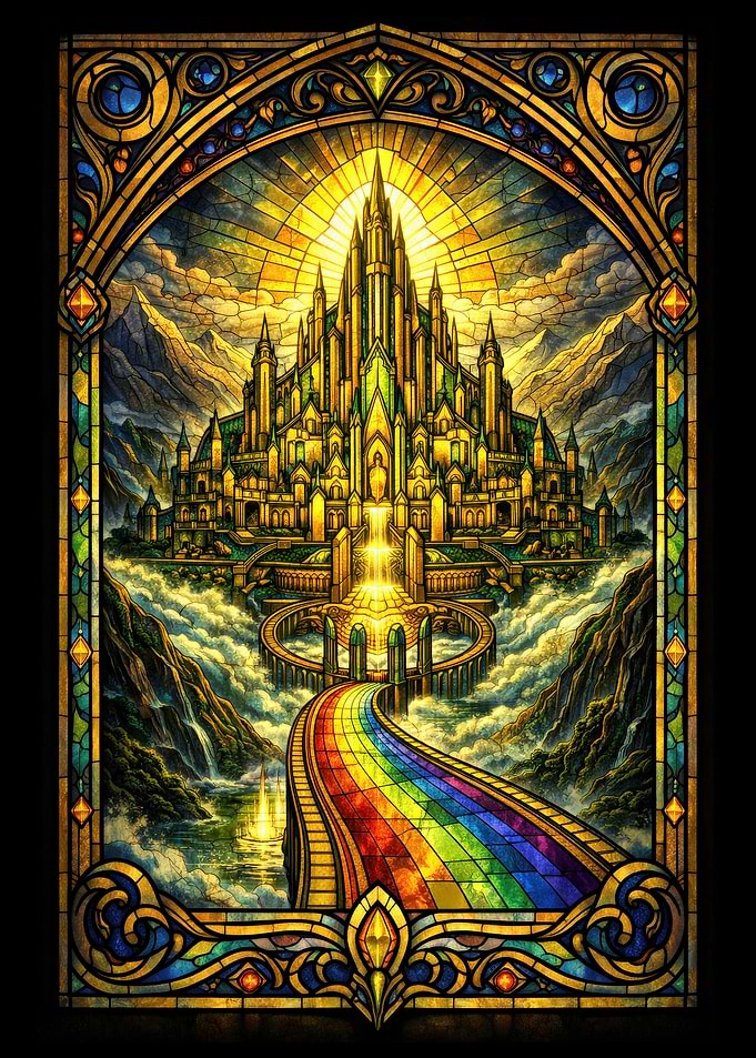 Stained Glass Rainbow Bridge to Golden Castle