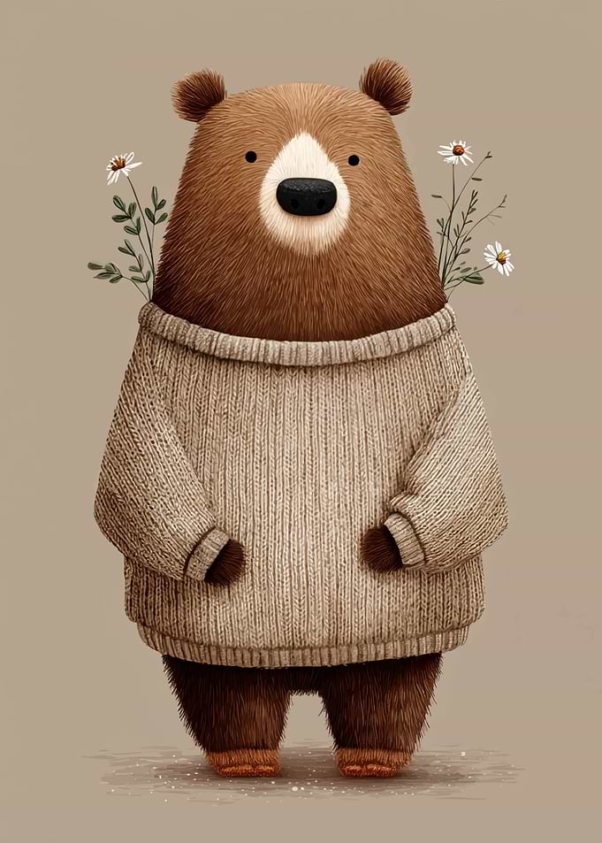 Cute Bear in a Sweater with Flowers