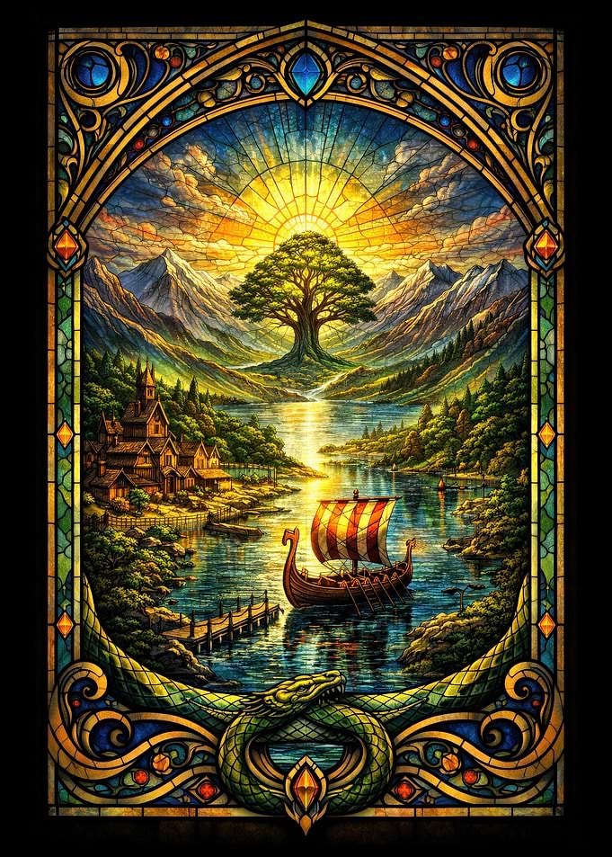 Viking Longship in a Stained Glass Landscape
