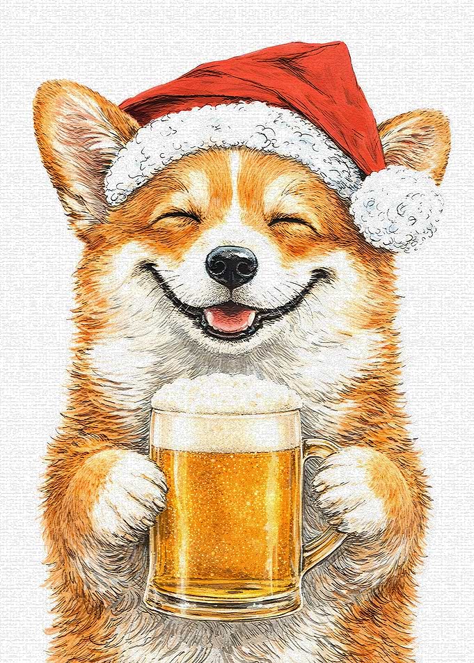 Corgi in Santa Hat with Beer