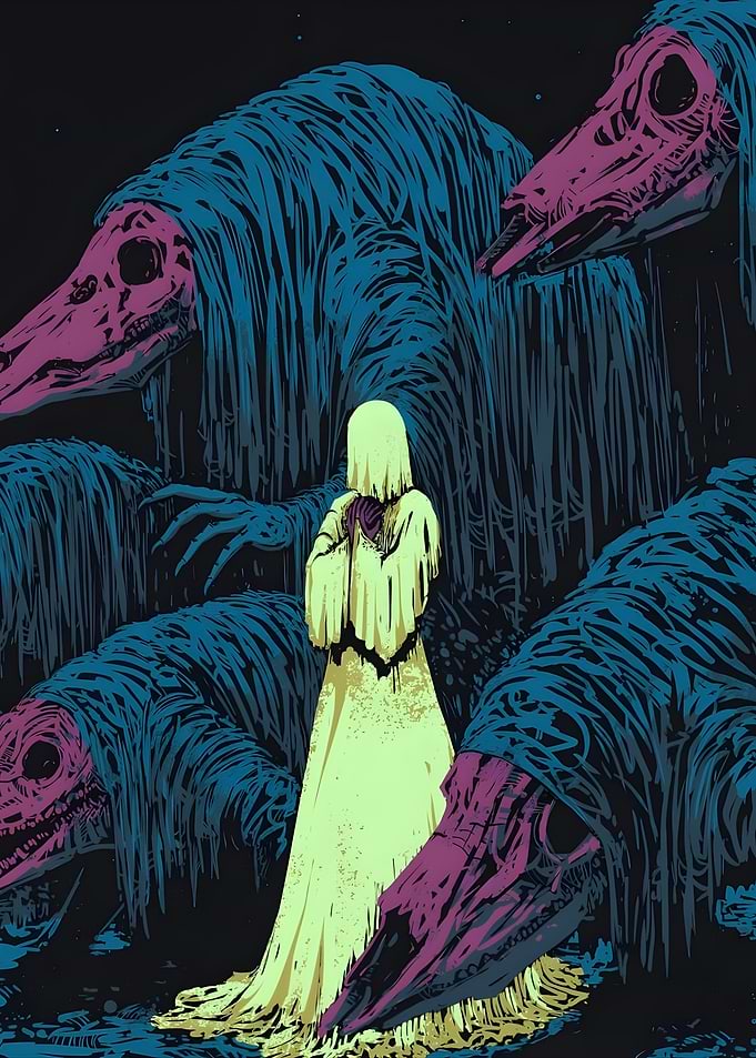 Ghostly figure surrounded by monstrous creatures