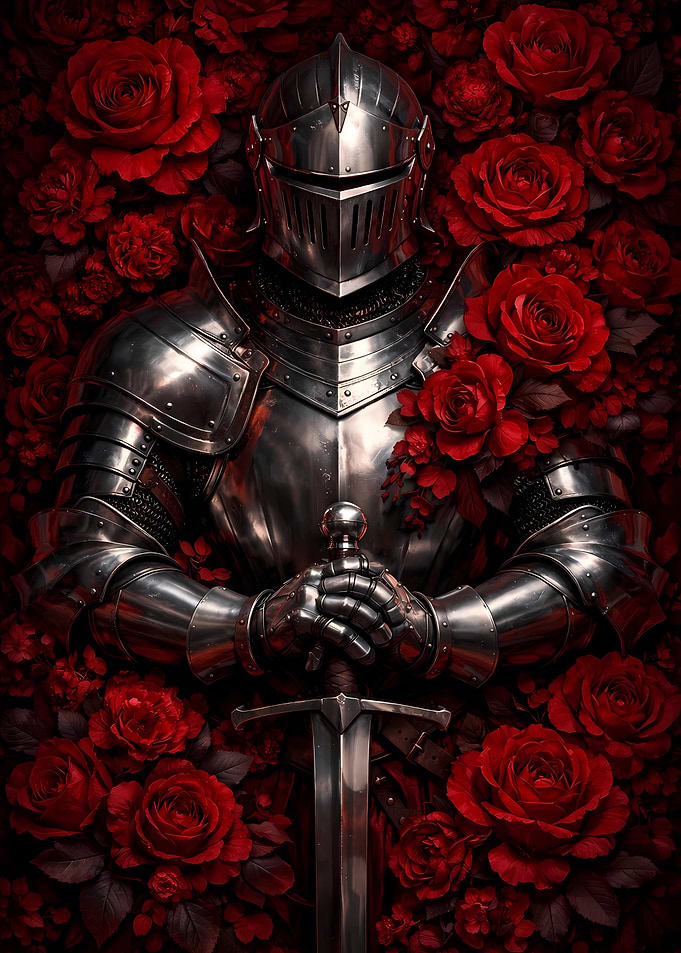 Knight in Armor with Red Roses