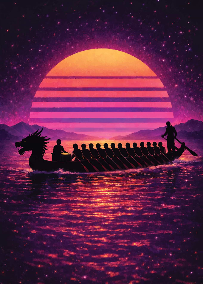 Retro Synthwave Dragon Boat Racing Art