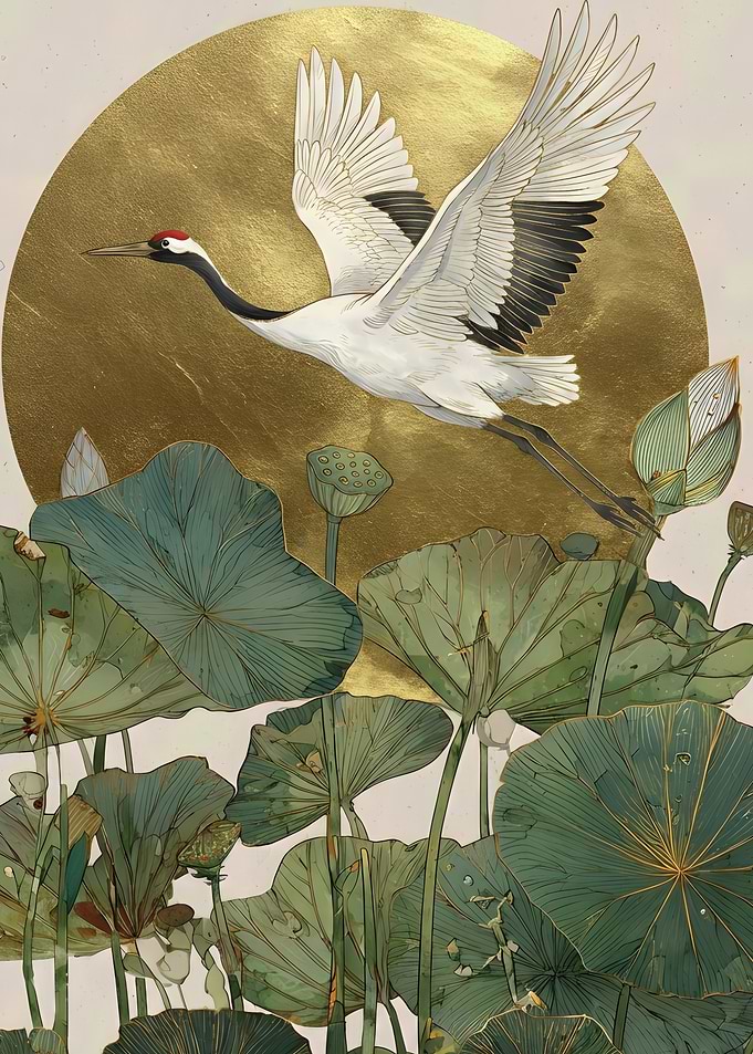 Crane flying over lotus pond