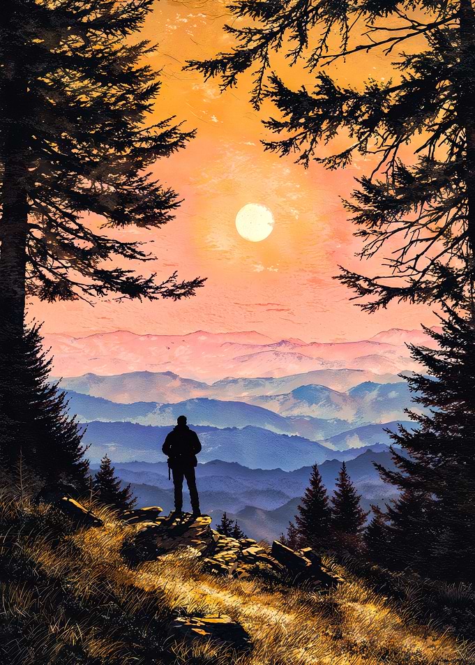 Hiker Silhouette Mountain Sunset Landscape