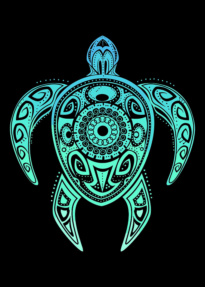 Tribal Turtle Poster, Blue Polynesian Style Mandala Wall Art, Ocean Inspired Print