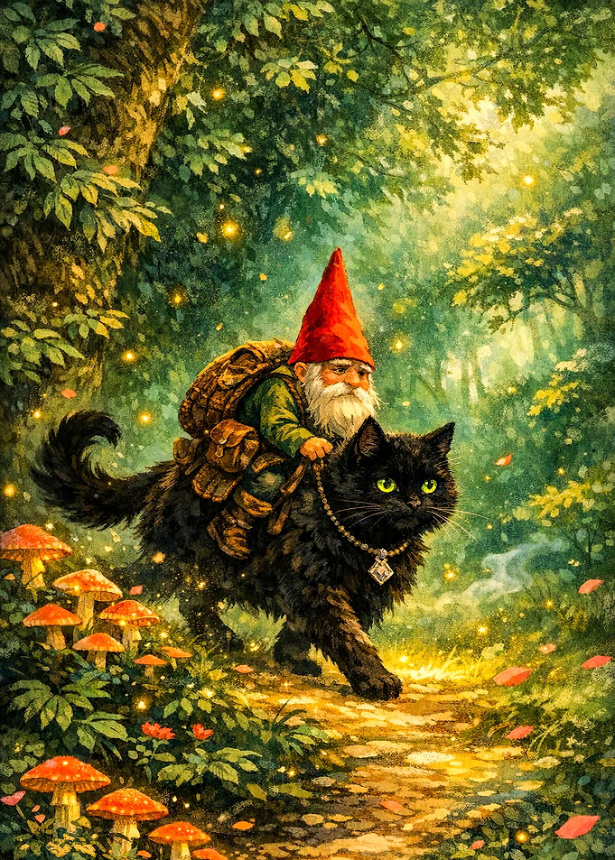 Gnome Riding a Black Cat in a Magical Forest