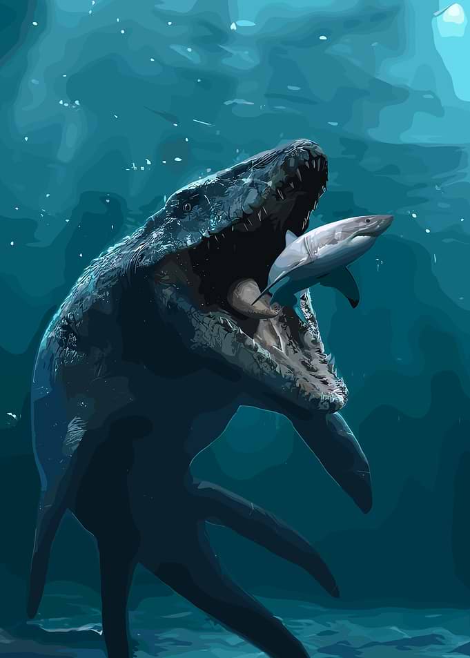 Mosasaurus eating a shark