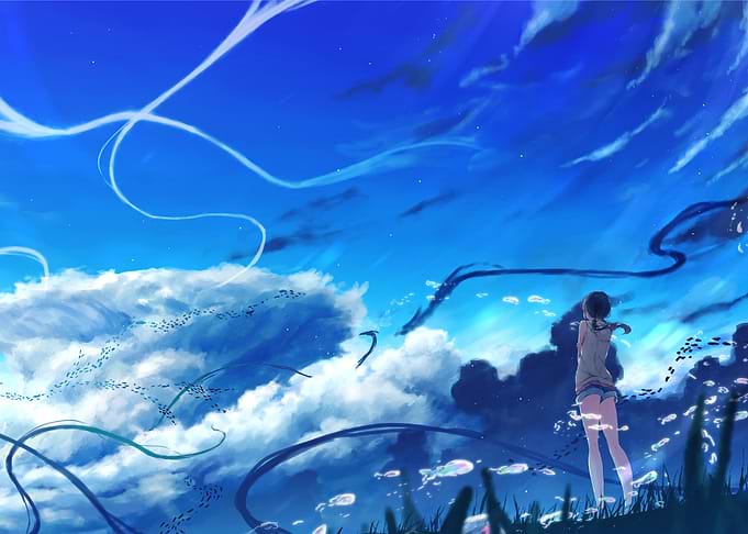 Girl Watching Sky with Fish and Clouds