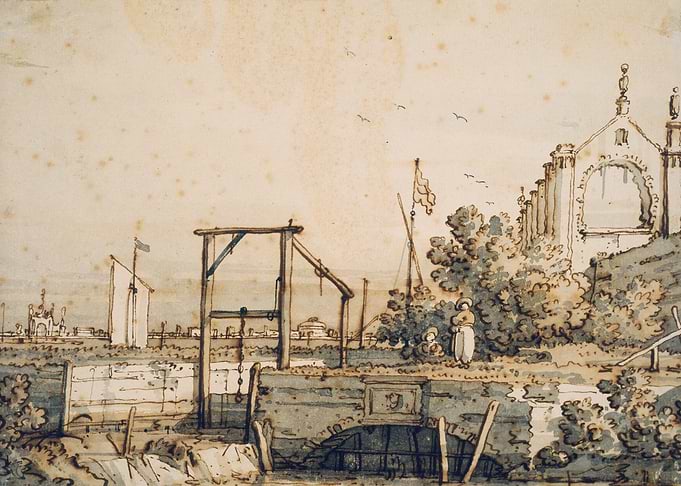 Canal scene with bridge and buildings