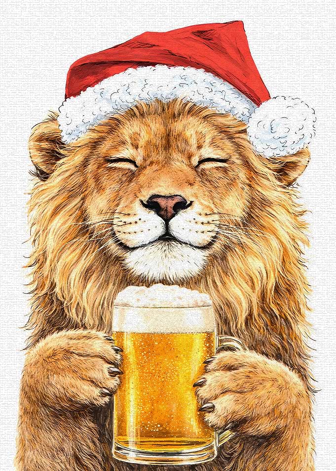 Lion in Santa Hat with Beer