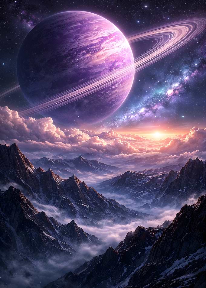 Celestial Dominion – Ringed Planet Above Mystic Peaks