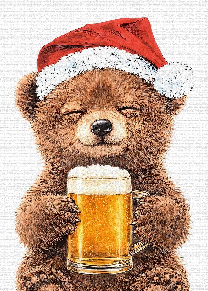Cute Bear in Santa Hat with Beer