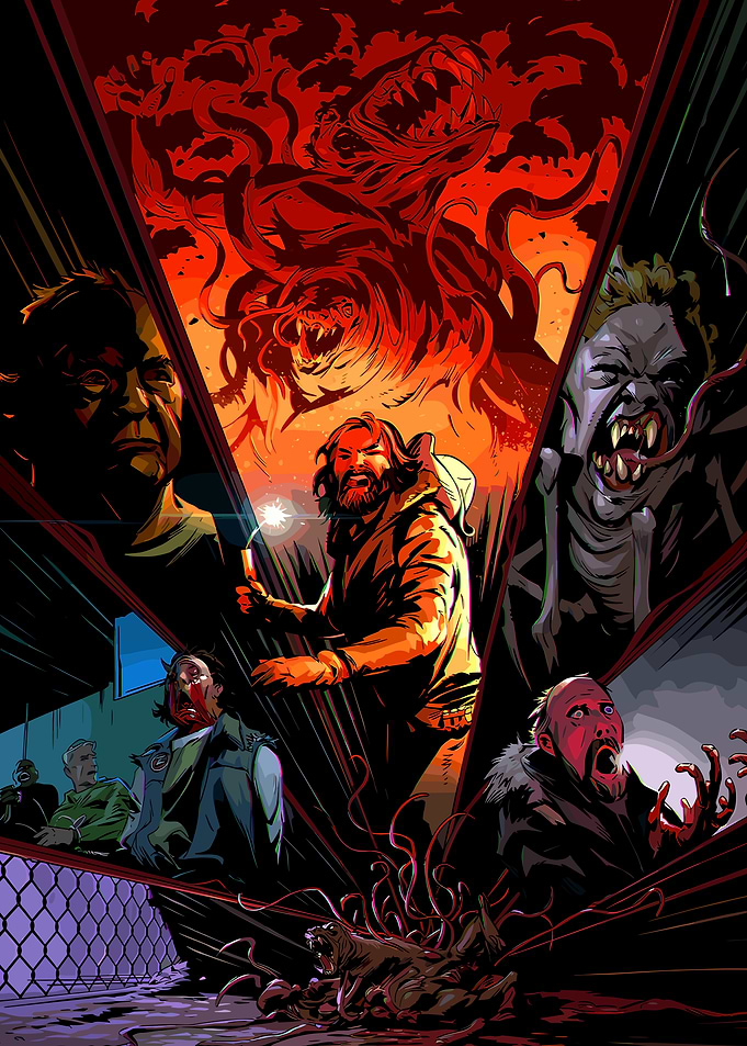 Horror comic panel with monster and people