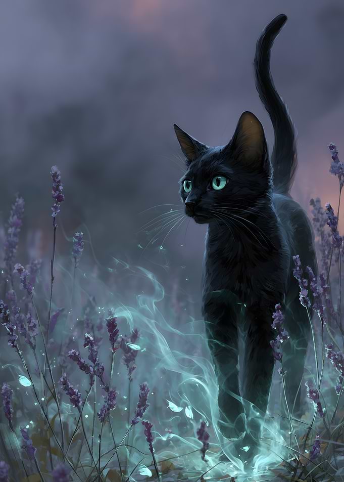 Mystical Black Cat in Lavender Field