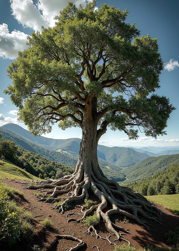 Majestic Oak Tree with Exposed Roots